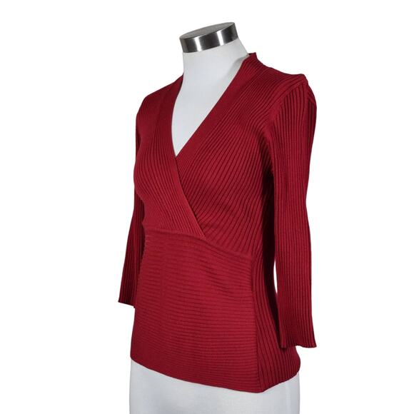 August Silk Red Rib Knit Stretch Faux Wrap Sweater Petite S Silk Blend - Picture 3 of 7